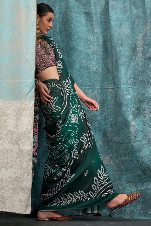 VastraLakshmi Enticing Dark Green Digital Printed Crape Silk Saree With Diaphanous Blouse Piece