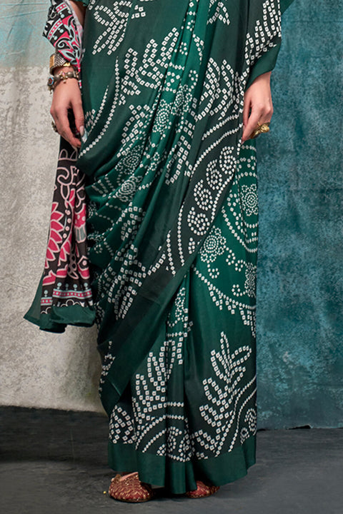 VastraLakshmi Enticing Dark Green Digital Printed Crape Silk Saree With Diaphanous Blouse Piece