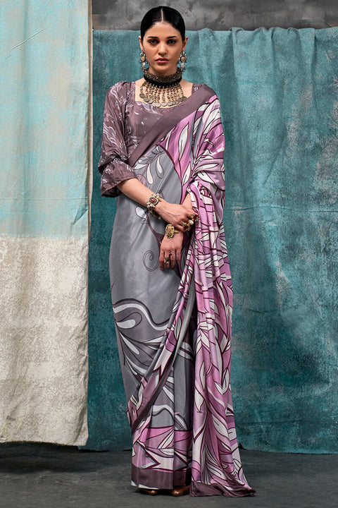 VastraLakshmi Murmurous Grey and Pink Digital Printed Crape Silk Saree With Confounding Blouse Piece