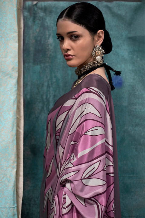 VastraLakshmi Murmurous Grey and Pink Digital Printed Crape Silk Saree With Confounding Blouse Piece