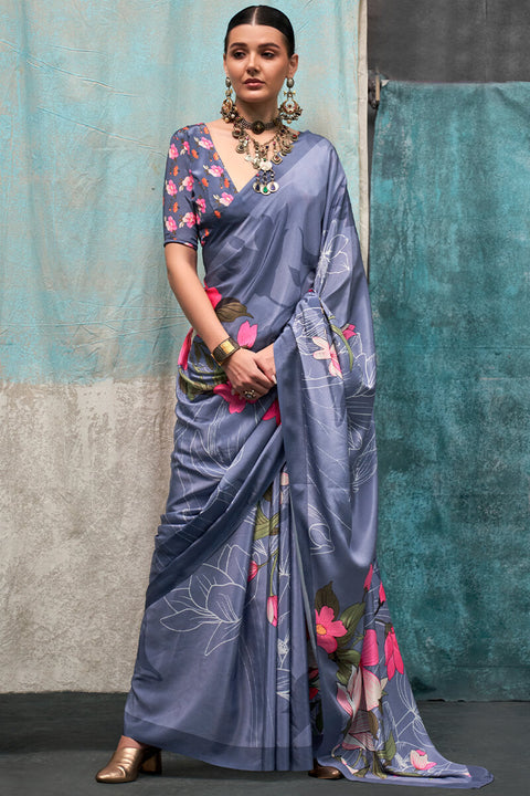 VastraLakshmi Fragrant Grey Digital Printed Crape Silk Saree With Glittering Blouse Piece