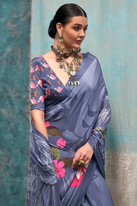 VastraLakshmi Fragrant Grey Digital Printed Crape Silk Saree With Glittering Blouse Piece