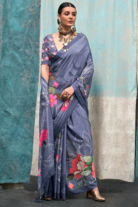 VastraLakshmi Fragrant Grey Digital Printed Crape Silk Saree With Glittering Blouse Piece