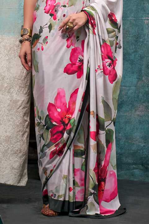 VastraLakshmi Allure Beige Digital Printed Crape Silk Saree With Opulent Blouse Piece