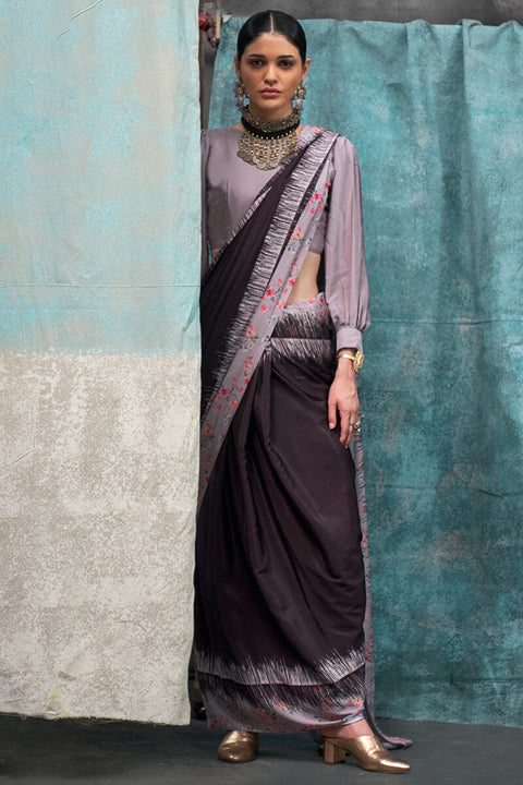 VastraLakshmi Piquant Black Digital Printed Crape Silk Saree With Snappy Blouse Piece