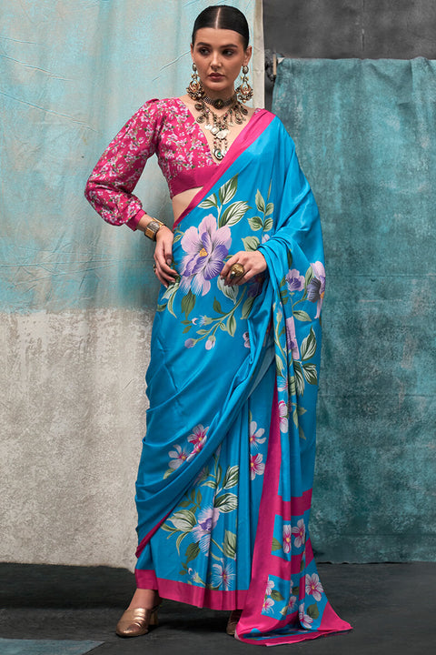 VastraLakshmi Enthralling Firozi Digital Printed Crape Silk Saree With Allure Blouse Piece