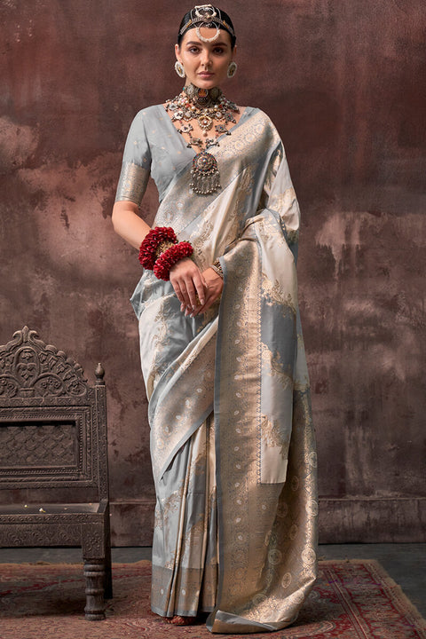 VastraLakshmi Delectable Grey Soft Banarasi Silk Saree With Tempting Blouse Piece