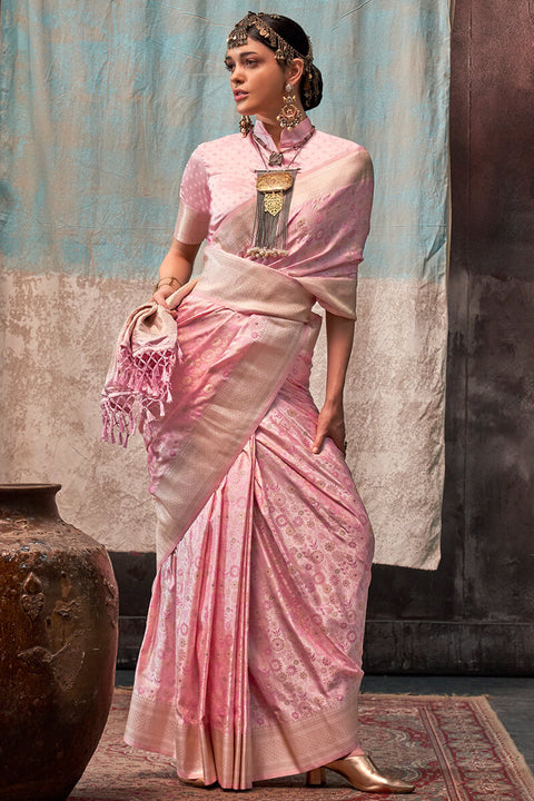 VastraLakshmi Blissful Pink Banarasi Satin Silk Saree With Ethnic Blouse