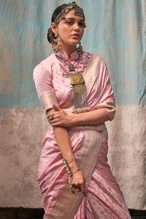 VastraLakshmi Blissful Pink Banarasi Satin Silk Saree With Ethnic Blouse