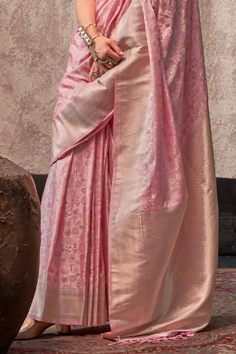 VastraLakshmi Blissful Pink Banarasi Satin Silk Saree With Ethnic Blouse