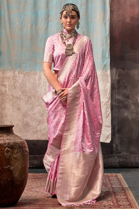 VastraLakshmi Majesty Pink Banarasi Satin Silk Saree With Twirling Blouse