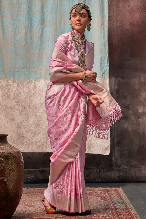 VastraLakshmi Majesty Pink Banarasi Satin Silk Saree With Twirling Blouse