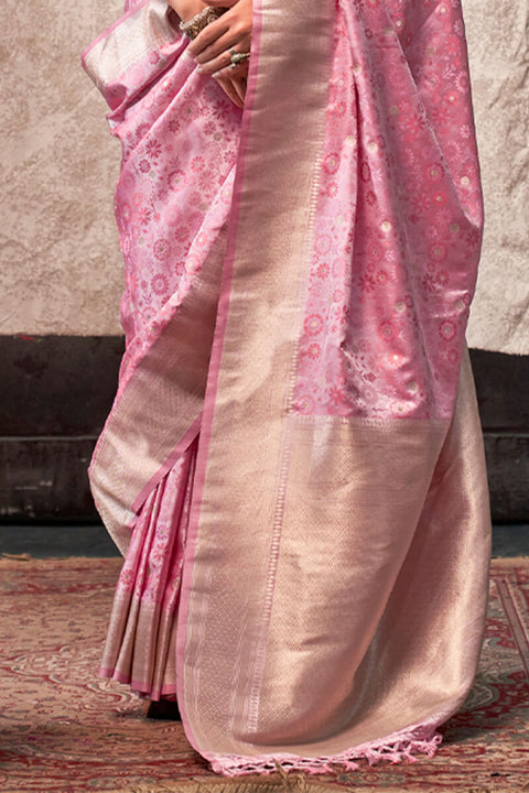 VastraLakshmi Majesty Pink Banarasi Satin Silk Saree With Twirling Blouse