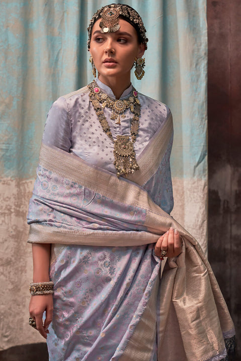 VastraLakshmi Outstanding Grey Banarasi Satin Silk Saree With Intricate Blouse