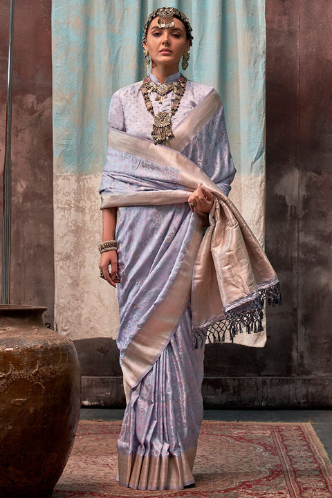 VastraLakshmi Outstanding Grey Banarasi Satin Silk Saree With Intricate Blouse