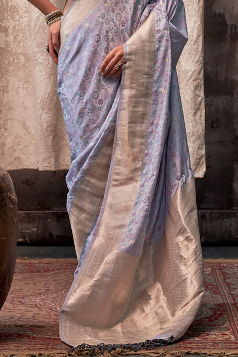 VastraLakshmi Outstanding Grey Banarasi Satin Silk Saree With Intricate Blouse