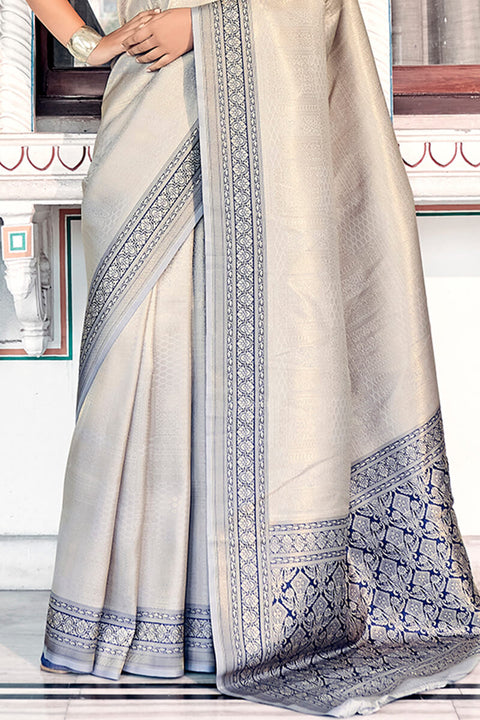 VastraLakshmi Groovy Grey Kanjivaram Silk Saree With Radiant Blouse Piece