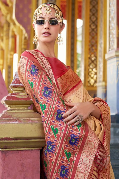 VastraLakshmi Surreptitious Beige Patola Silk Saree with Petrichor Blouse Piece