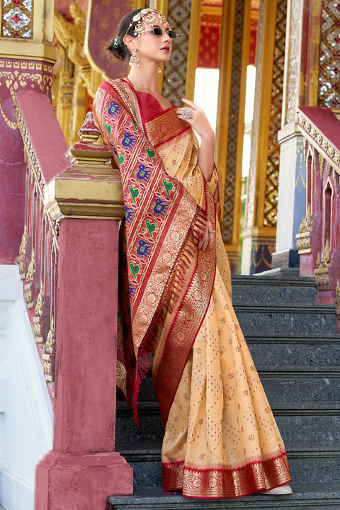 VastraLakshmi Surreptitious Beige Patola Silk Saree with Petrichor Blouse Piece