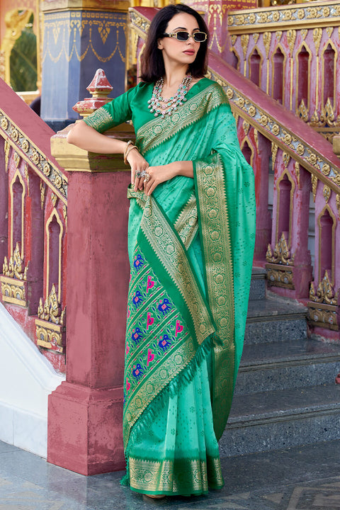 VastraLakshmi Palimpsest Turquoise Patola Silk Saree with Nemesis Blouse Piece