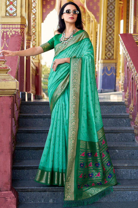 VastraLakshmi Palimpsest Turquoise Patola Silk Saree with Nemesis Blouse Piece