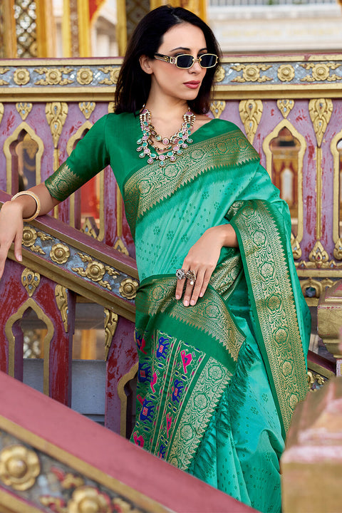 VastraLakshmi Palimpsest Turquoise Patola Silk Saree with Nemesis Blouse Piece