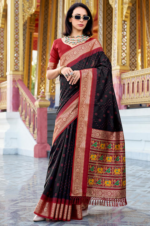 VastraLakshmi Lassitude Black Patola Silk Saree with Propinquity Blouse Piece