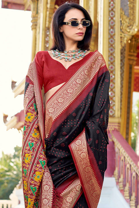 VastraLakshmi Lassitude Black Patola Silk Saree with Propinquity Blouse Piece