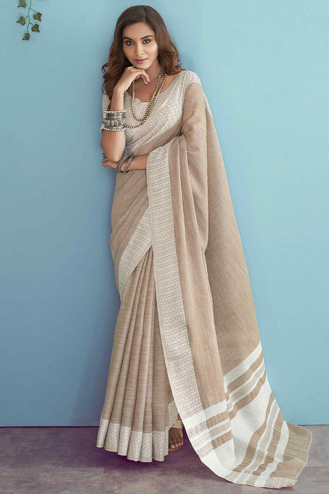 VastraLakshmi Comely Light Brown Lucknowi Silk Saree With Desultory Blouse Piece