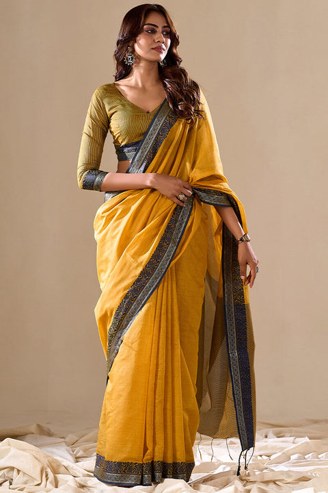 VastraLakshmi Energetic Yellow Cotton Silk Saree With Attractive Blouse Piece