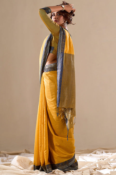 VastraLakshmi Energetic Yellow Cotton Silk Saree With Attractive Blouse Piece