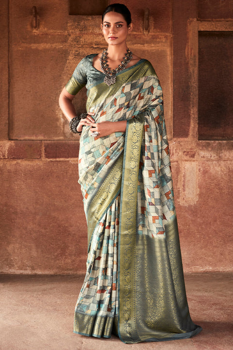 VastraLakshmi Amazing Grey Digital Printed Soft Silk Saree With Winsome Blouse Piece