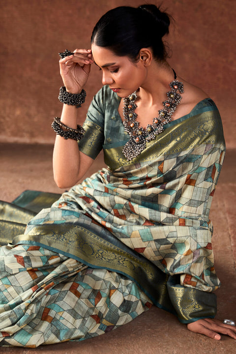 VastraLakshmi Amazing Grey Digital Printed Soft Silk Saree With Winsome Blouse Piece