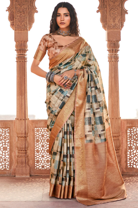 VastraLakshmi Energetic Brown Digital Printed Soft Silk Saree With Whimsical Blouse Piece