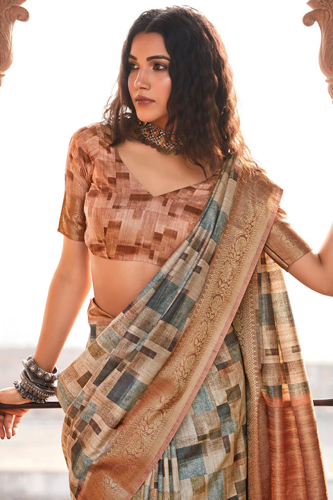 VastraLakshmi Energetic Brown Digital Printed Soft Silk Saree With Whimsical Blouse Piece