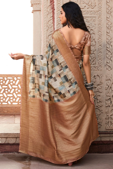 VastraLakshmi Energetic Brown Digital Printed Soft Silk Saree With Whimsical Blouse Piece