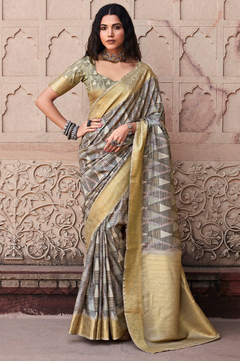 VastraLakshmi Gorgeous Grey Digital Printed Soft Silk Saree With Vibrant Blouse Piece