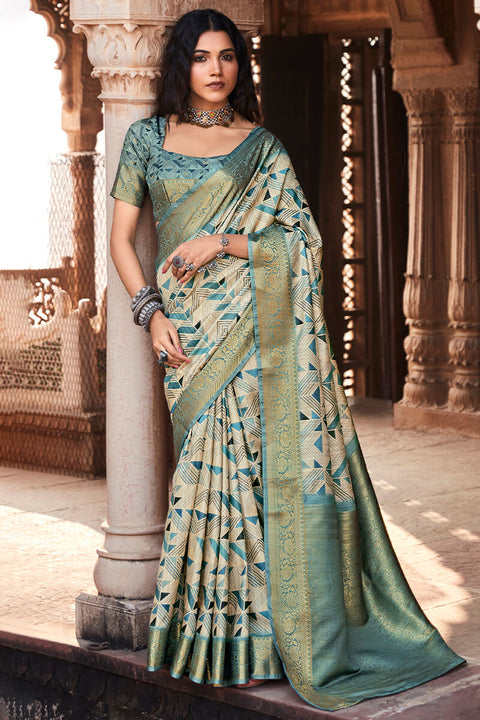 VastraLakshmi Majesty Grey Digital Printed Soft Silk Saree With Zephyr Blouse Piece