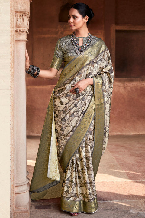 VastraLakshmi Fairytale Brown Digital Printed Soft Silk Saree With Winsome Blouse Piece