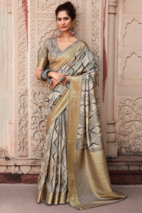 VastraLakshmi Comely Grey Digital Printed Soft Silk Saree With Rhapsody Blouse Piece