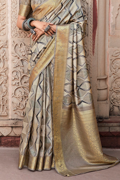 VastraLakshmi Comely Grey Digital Printed Soft Silk Saree With Rhapsody Blouse Piece