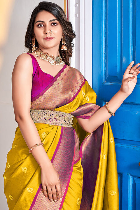 VastraLakshmi Sempiternal Yellow Paithani Silk Saree With Denouement Blouse Piece