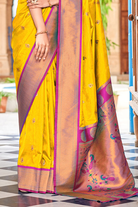 VastraLakshmi Sempiternal Yellow Paithani Silk Saree With Denouement Blouse Piece