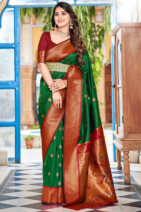 VastraLakshmi Imaginative Dark Green Paithani Silk Saree With Magnificat Blouse Piece