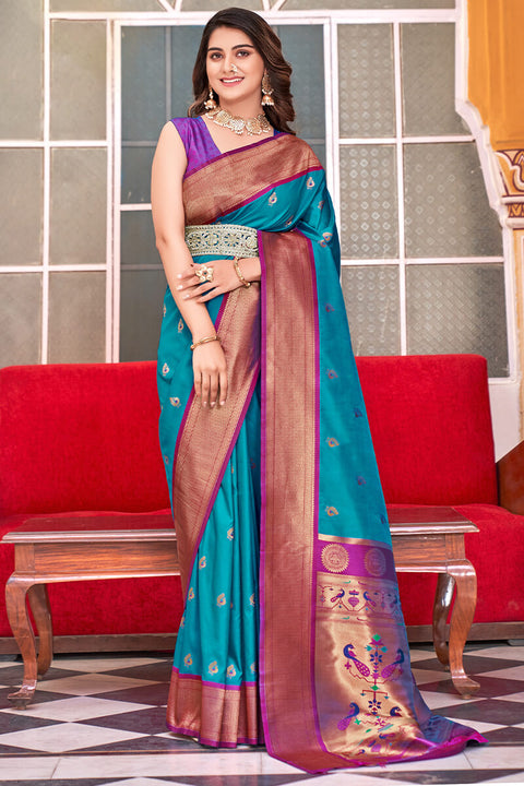 VastraLakshmi Unequalled Firozi Paithani Silk Saree With Enthralling Blouse Piece