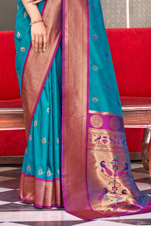 VastraLakshmi Unequalled Firozi Paithani Silk Saree With Enthralling Blouse Piece