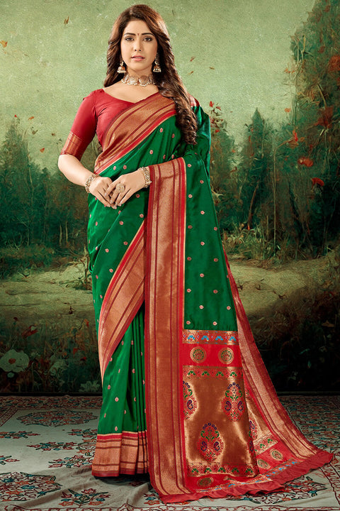 VastraLakshmi Snazzy Dark Green Paithani Silk Saree With Susurrous Blouse Piece