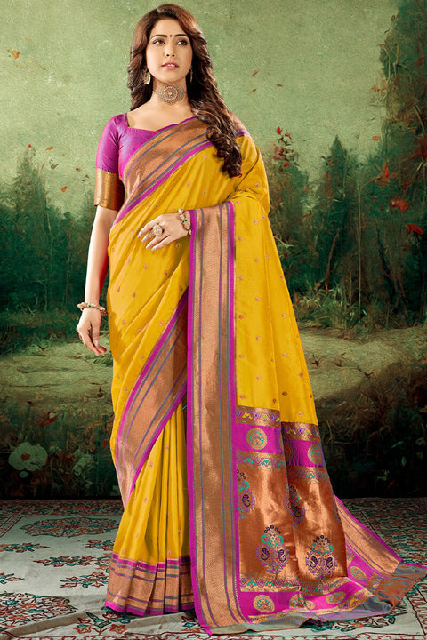 VastraLakshmi Palimpsest Yellow Paithani Silk Saree With Ephemeral Blouse Piece