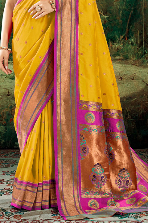 VastraLakshmi Palimpsest Yellow Paithani Silk Saree With Ephemeral Blouse Piece