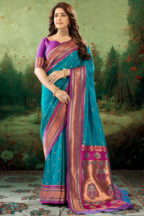 VastraLakshmi Forbearance Firozi Paithani Silk Saree With Redolent Blouse Piece